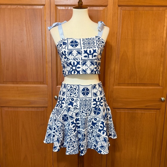 Anthropologie Maeve Blue and White Embroidered Tile Print Skirt & Crop Top Set - Picture 2 of 16